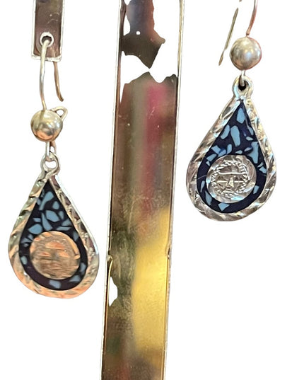 Vintage Sterling Mexico stone inlay Mayan Symbol Fancy dangle earrings