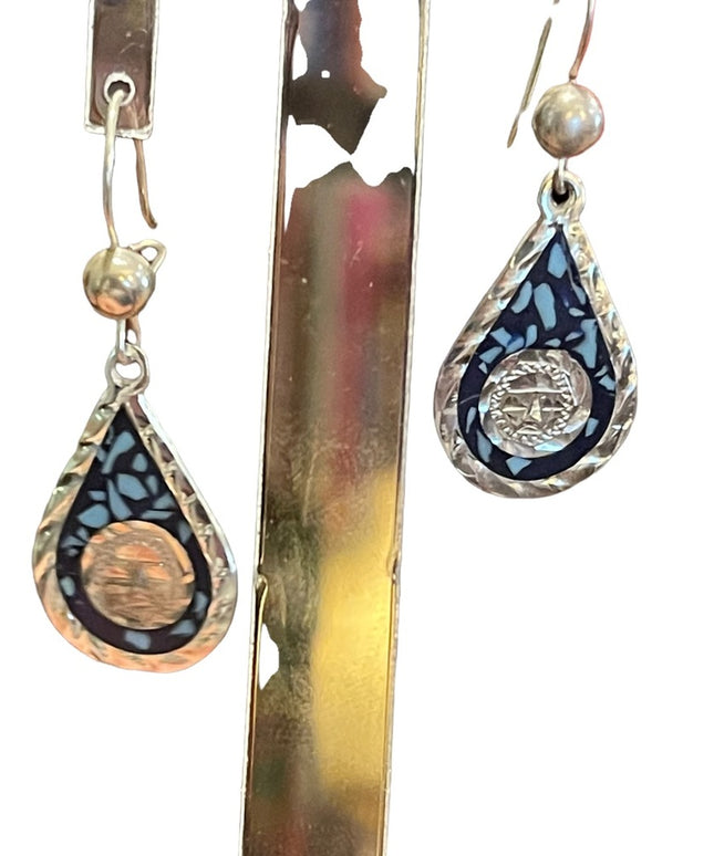 Vintage Sterling Mexico stone inlay Mayan Symbol Fancy dangle earrings