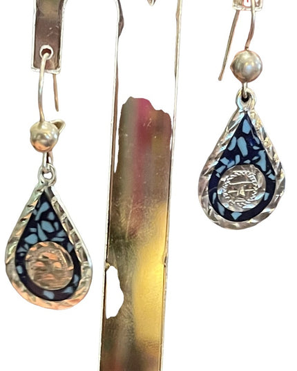 Vintage Sterling Mexico stone inlay Mayan Symbol Fancy dangle earrings
