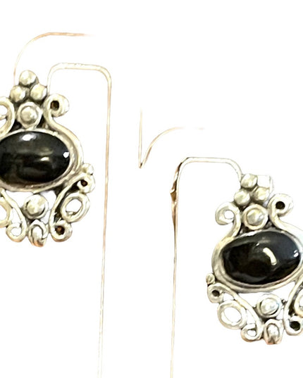 Sterling silver 925 black onyx fancy ornate deco design dangle earrings