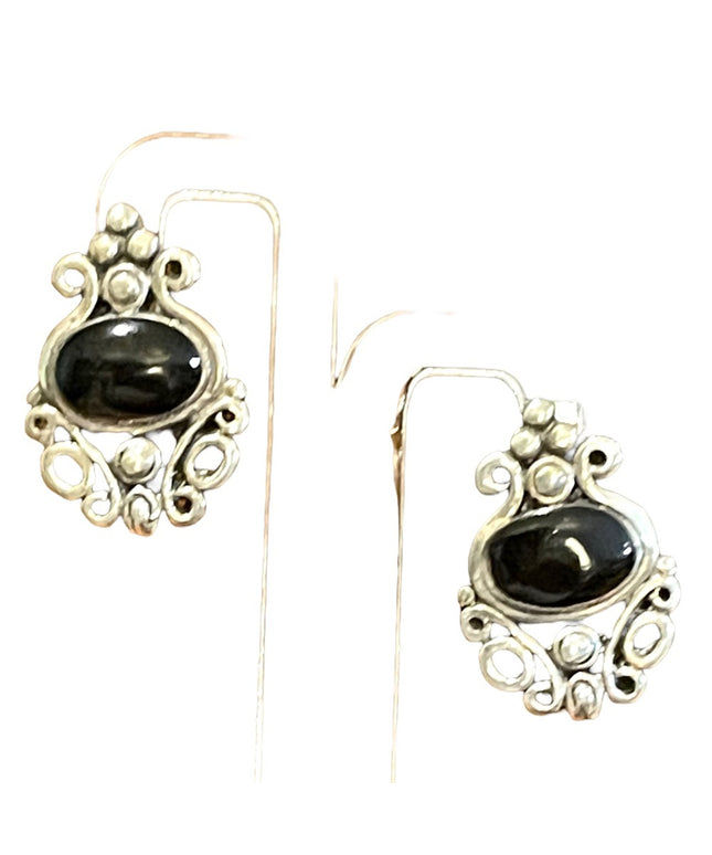 Sterling silver 925 black onyx fancy ornate deco design dangle earrings