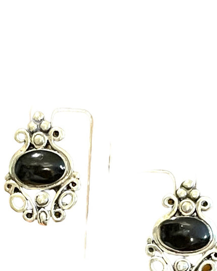 Sterling silver 925 black onyx fancy ornate deco design dangle earrings