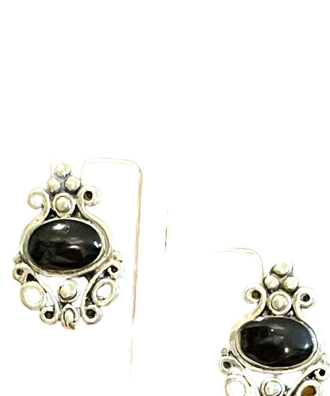Sterling silver 925 black onyx fancy ornate deco design dangle earrings