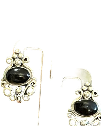Sterling silver 925 black onyx fancy ornate deco design dangle earrings