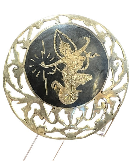 Vintage sterling silver 925 SiAM goddess black enamel fancy ornate large brooch