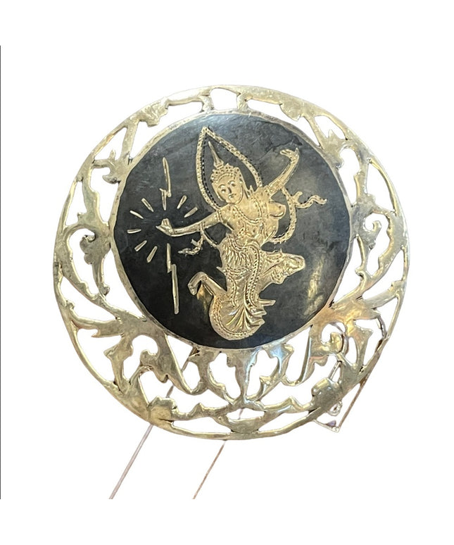 Vintage sterling silver 925 SiAM goddess black enamel fancy ornate large brooch