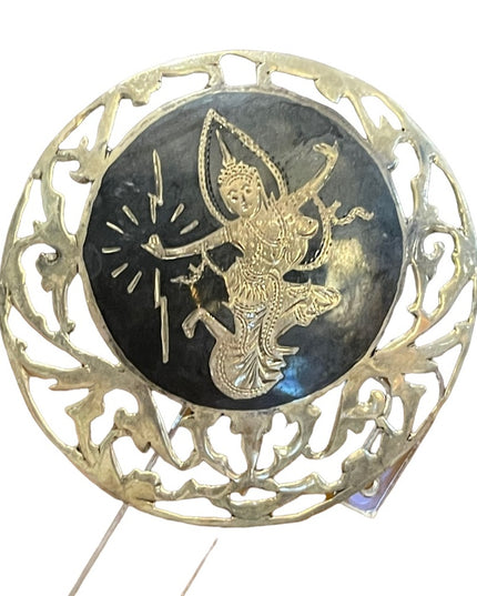 Vintage sterling silver 925 SiAM goddess black enamel fancy ornate large brooch
