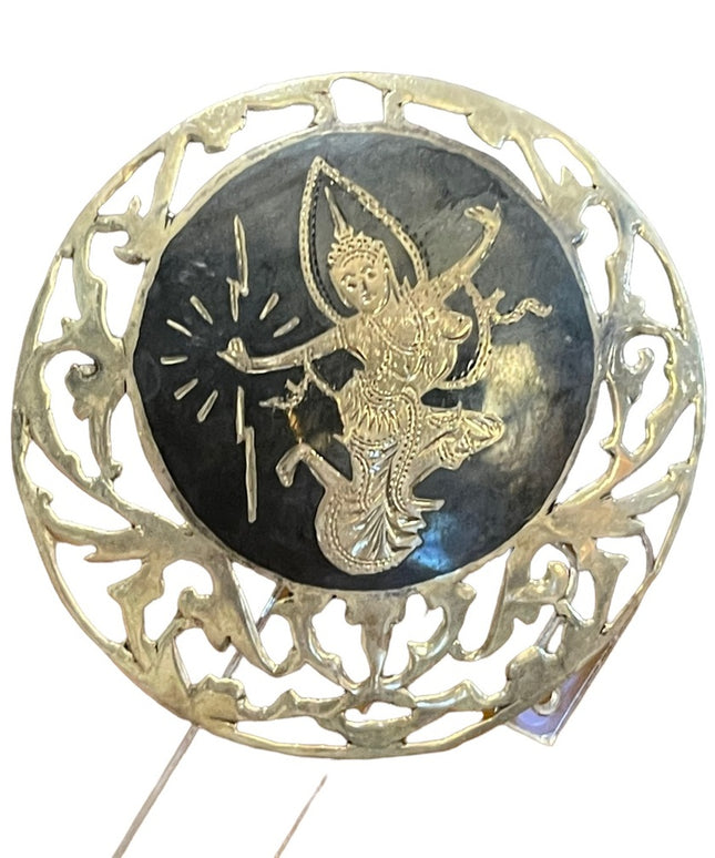 Vintage sterling silver 925 SiAM goddess black enamel fancy ornate large brooch