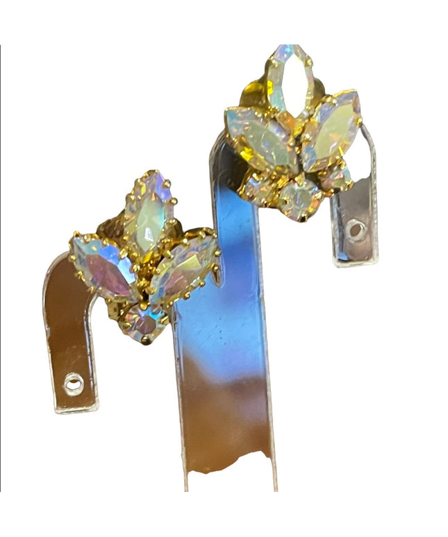 Vintage 1960s AB Champagne crystal sparkle clip on earrings gold finish