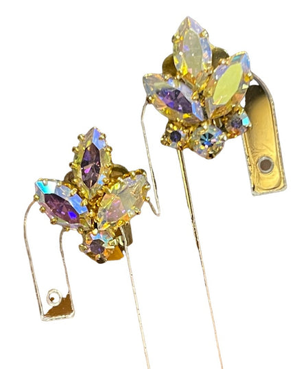 Vintage 1960s AB Champagne crystal sparkle clip on earrings gold finish