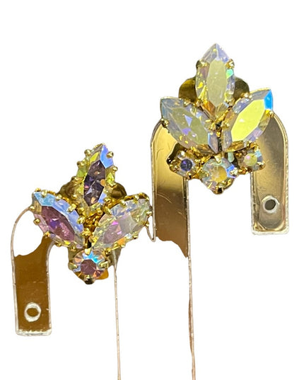 Vintage 1960s AB Champagne crystal sparkle clip on earrings gold finish