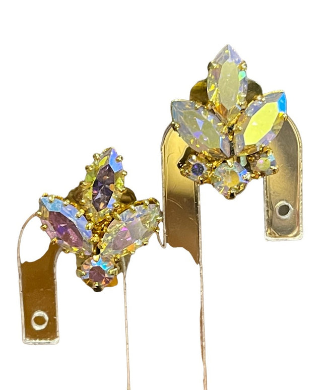 Vintage 1960s AB Champagne crystal sparkle clip on earrings gold finish
