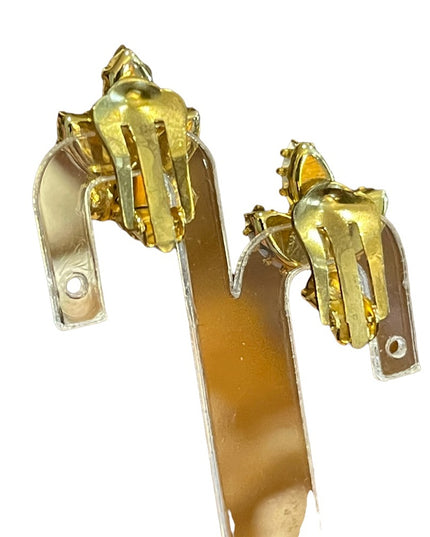 Vintage 1960s AB Champagne crystal sparkle clip on earrings gold finish