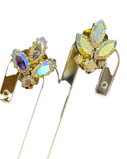 Vintage 1960s AB Champagne crystal sparkle clip on earrings gold finish
