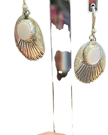 Silver Alpaca MEXICO MOP mother of pearl feather dangle earrings