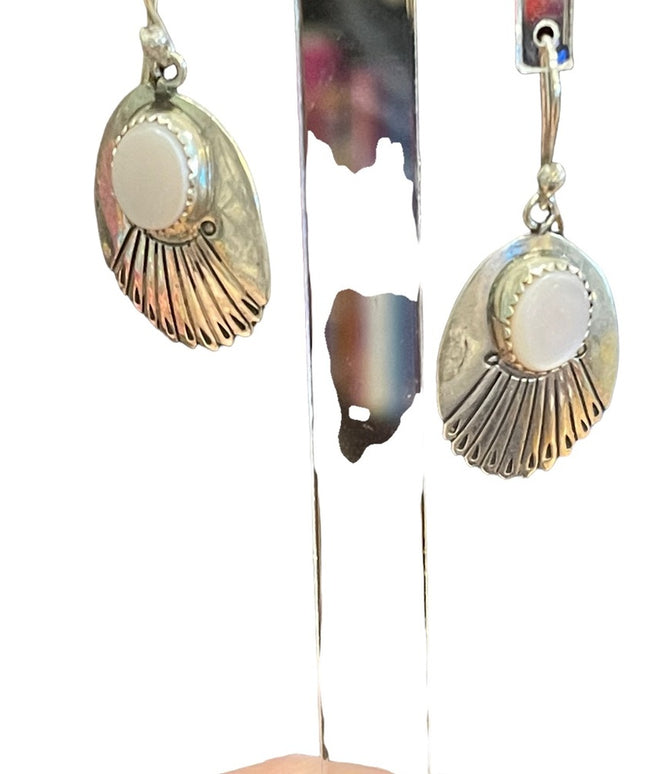Silver Alpaca MEXICO MOP mother of pearl feather dangle earrings