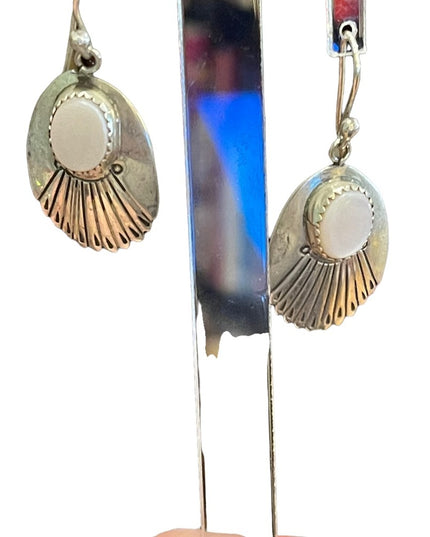 Silver Alpaca MEXICO MOP mother of pearl feather dangle earrings
