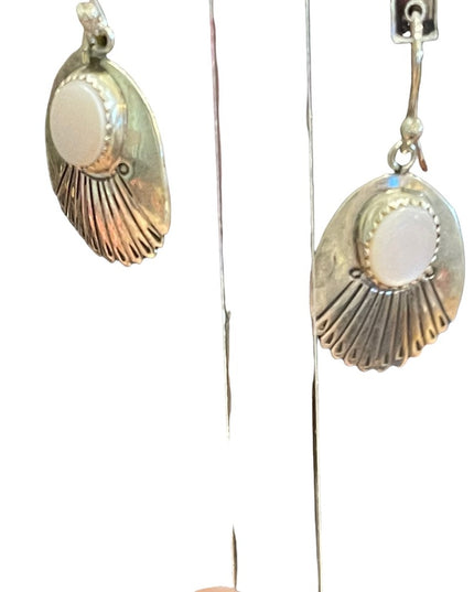 Silver Alpaca MEXICO MOP mother of pearl feather dangle earrings