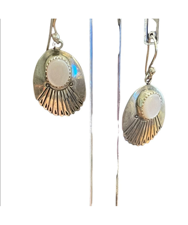 Silver Alpaca MEXICO MOP mother of pearl feather dangle earrings