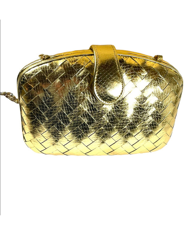 Vintage gold metalic simulated leather clutch shoulder bag weave