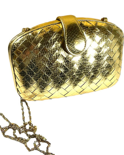 Vintage gold metalic simulated leather clutch shoulder bag weave