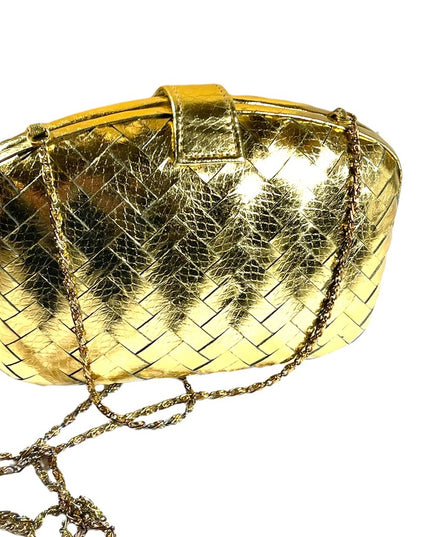 Vintage gold metalic simulated leather clutch shoulder bag weave