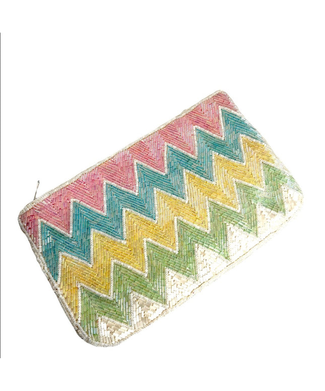Vintage 1960s Seed bead GOLDCO pastel color clutch bag purse blue pink yellow