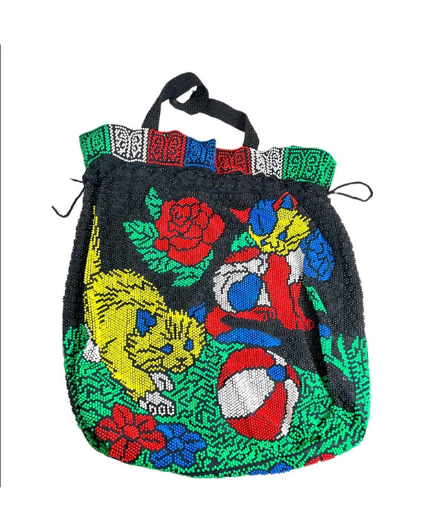 Vintage 1960s Hong Kong kitty cat seed bead draw string colorful shoulder bag