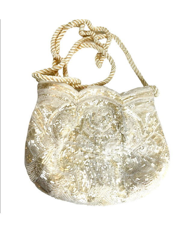 Vintage heavy 1950s fancy paisley design Seed bead purse shoulder bag wedding