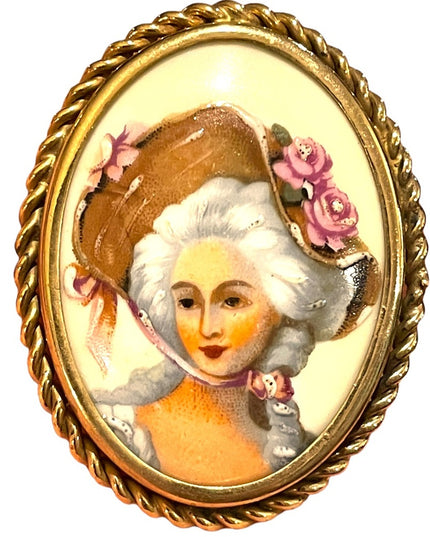 Vintage 1940s Gold brooch LG Ceramic Antoinette Cameo Limoges France pendant