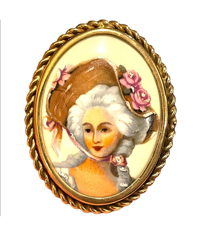 Vintage 1940s Gold brooch LG Ceramic Antoinette Cameo Limoges France pendant