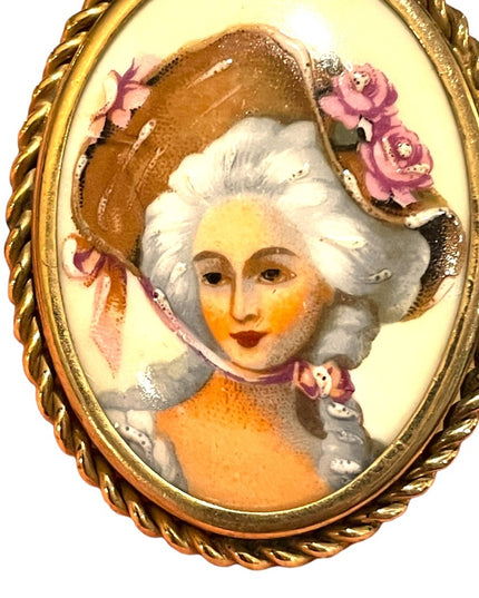 Vintage 1940s Gold brooch LG Ceramic Antoinette Cameo Limoges France pendant