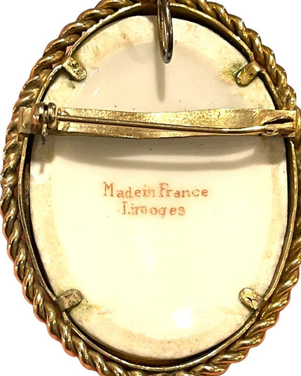 Vintage 1940s Gold brooch LG Ceramic Antoinette Cameo Limoges France pendant