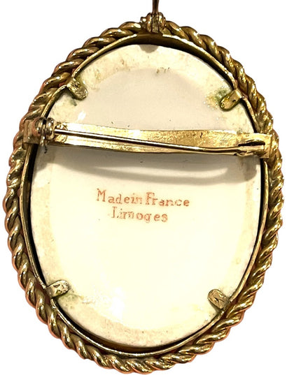 Vintage 1940s Gold brooch LG Ceramic Antoinette Cameo Limoges France pendant