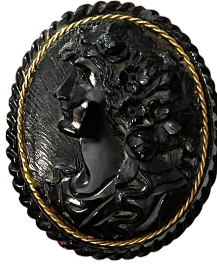 Antique Large Black Mourning JET Carved? Cameo with Gold band