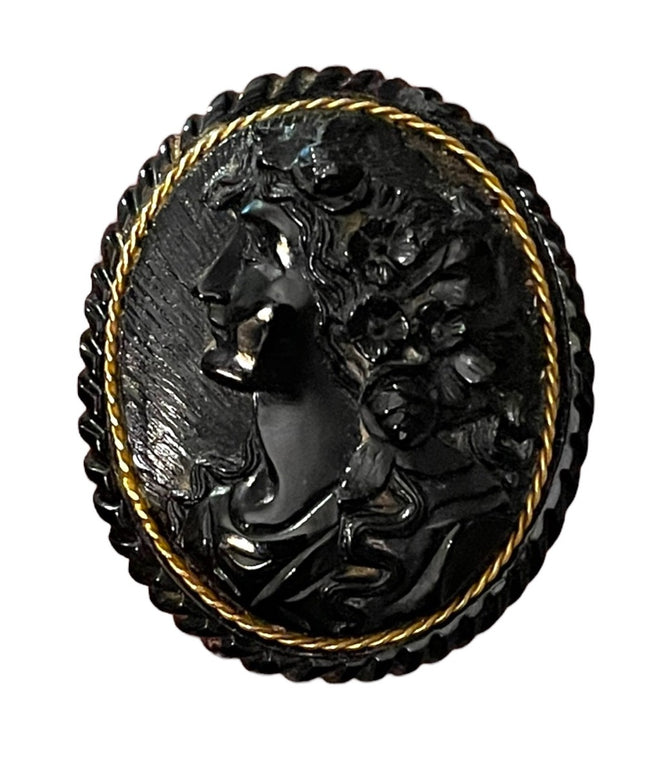 Antique Large Black Mourning JET Carved? Cameo with Gold band
