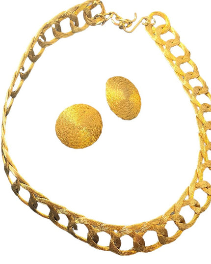 Vintage Greek Braided GOLD metal mesh choker Cleopatra necklace & earrings RARE