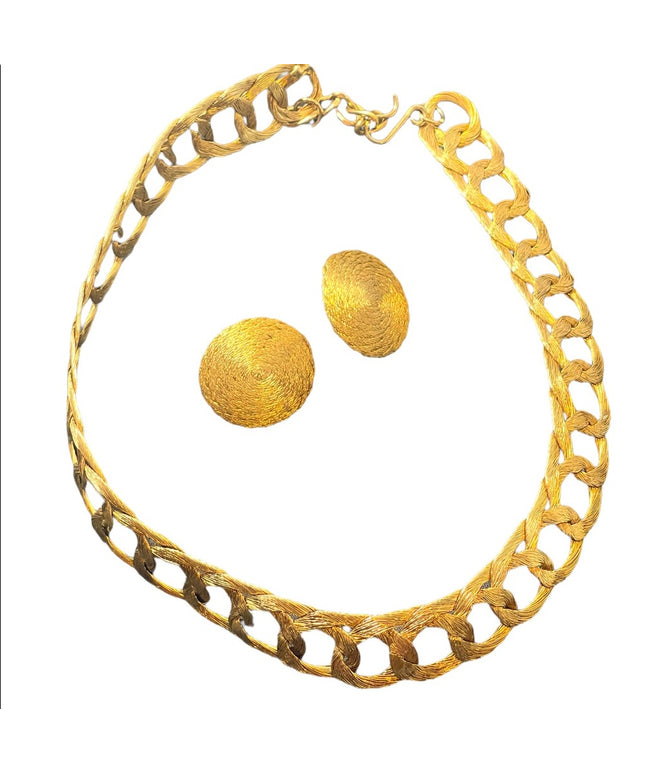 Vintage Greek Braided GOLD metal mesh choker Cleopatra necklace & earrings RARE