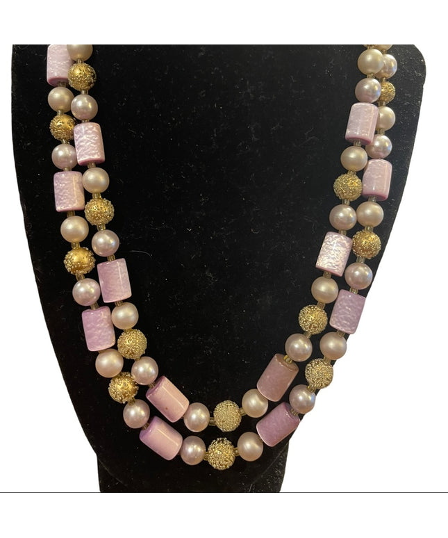 Vintage 1960s Lilac purple fancy gold faux pearl resin lucite necklace