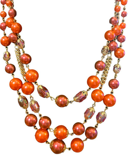 Vinage 1960s faux pink pearl & pink glass crystal fancy 3 strand triple necklace