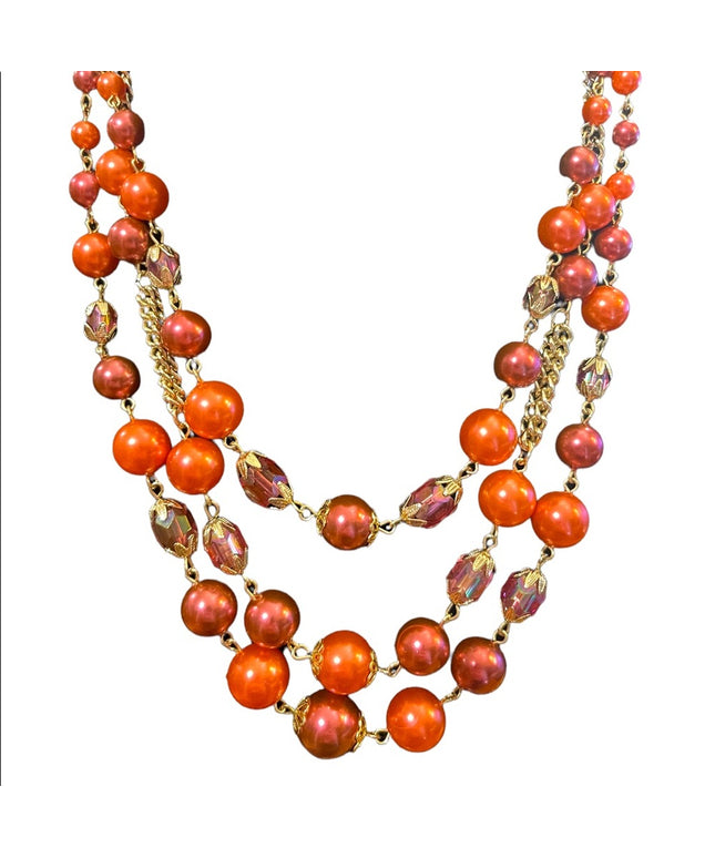 Vinage 1960s faux pink pearl & pink glass crystal fancy 3 strand triple necklace