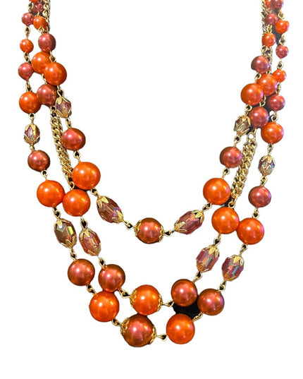 Vinage 1960s faux pink pearl & pink glass crystal fancy 3 strand triple necklace