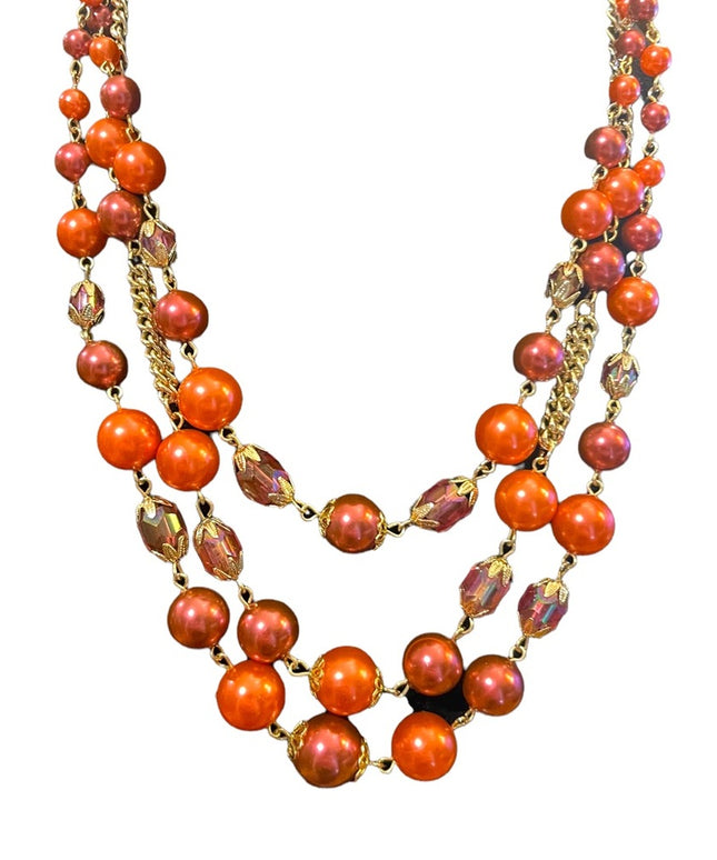 Vinage 1960s faux pink pearl & pink glass crystal fancy 3 strand triple necklace