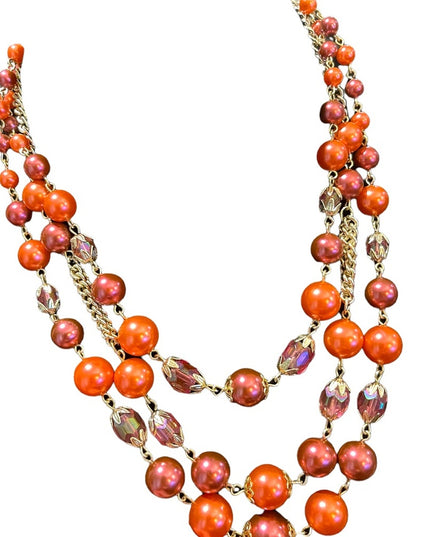 Vinage 1960s faux pink pearl & pink glass crystal fancy 3 strand triple necklace