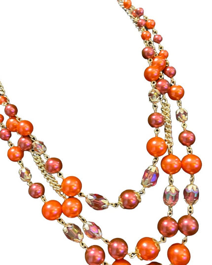 Vinage 1960s faux pink pearl & pink glass crystal fancy 3 strand triple necklace