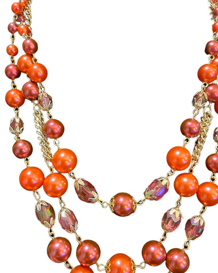 Vinage 1960s faux pink pearl & pink glass crystal fancy 3 strand triple necklace