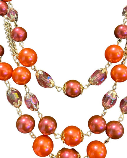 Vinage 1960s faux pink pearl & pink glass crystal fancy 3 strand triple necklace