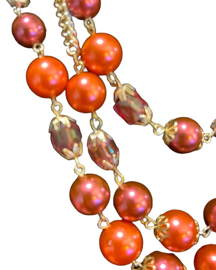 Vinage 1960s faux pink pearl & pink glass crystal fancy 3 strand triple necklace