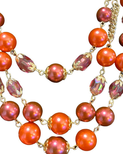 Vinage 1960s faux pink pearl & pink glass crystal fancy 3 strand triple necklace