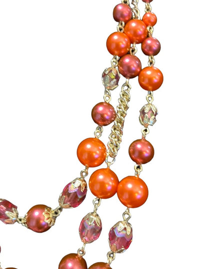 Vinage 1960s faux pink pearl & pink glass crystal fancy 3 strand triple necklace